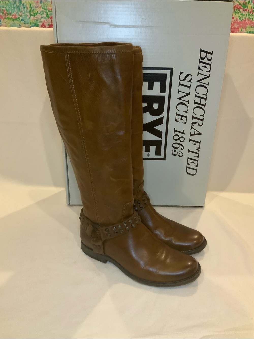 Frye Brown Leather Studded Harness Knee Boots